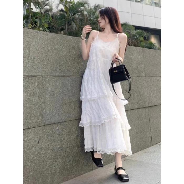 White French suspender dress women s summer new vacation style small loose cake long dress women s clothing S