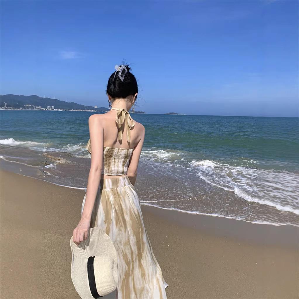 Summer high-end coffee break French seaside vacation sexy long dress ink tube top suspender fashionable two-piece set