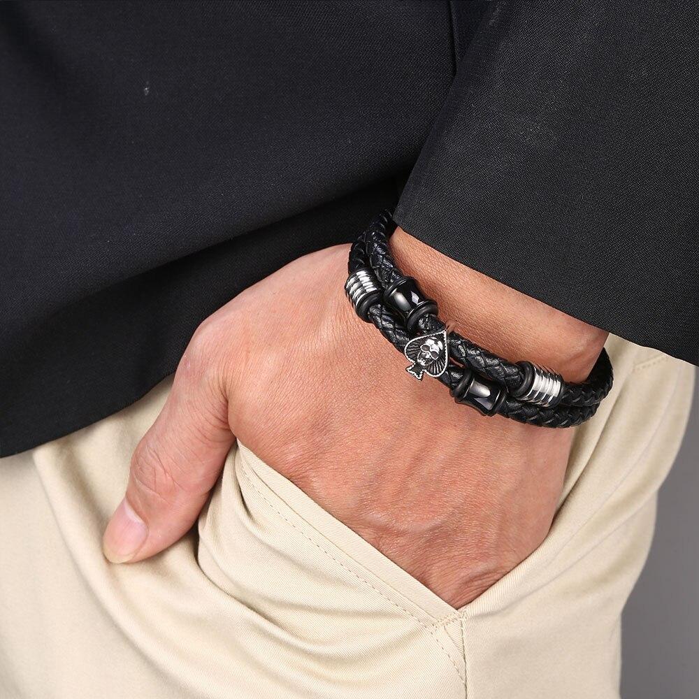 New Braided Wrap Genuine Leather Bracelets For Men Women Punk Charm Double-Layer Leather Spades Skull Bracelet Wristbands