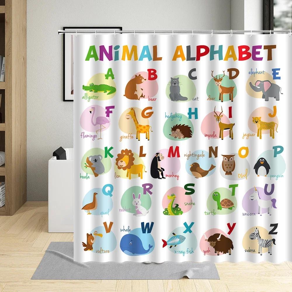 Cartoons Funny Animal Alphabet Shower Curtain Kids Learning Baby Child Bathroom Decor Screens Waterproof Bath Curtains With Hook