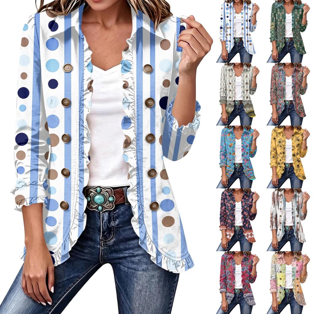 Women's Casual Floral Print Long Sleeve Ruffle Button-Down Shirt Jacket for Spring and Fall