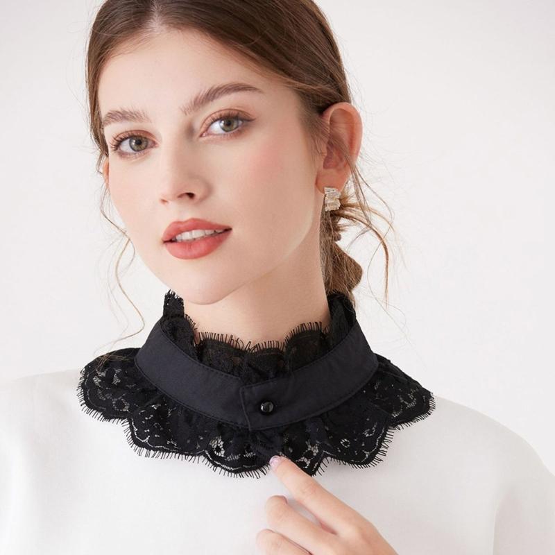 Women Faux Collar Eyelash Flower Lace Detachable Blouse Collar Necklace with False Sleeves Cuffs Set Clothing Accessory