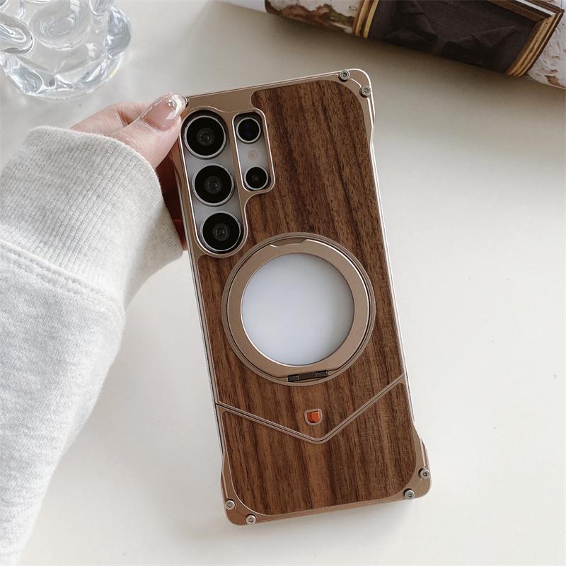For Sagsafe Magnetic Solid Wood Metal Snap On Case For Samsung Galaxy S23 S24 S25 Ultra With Stand Adjustable Frameless Cover