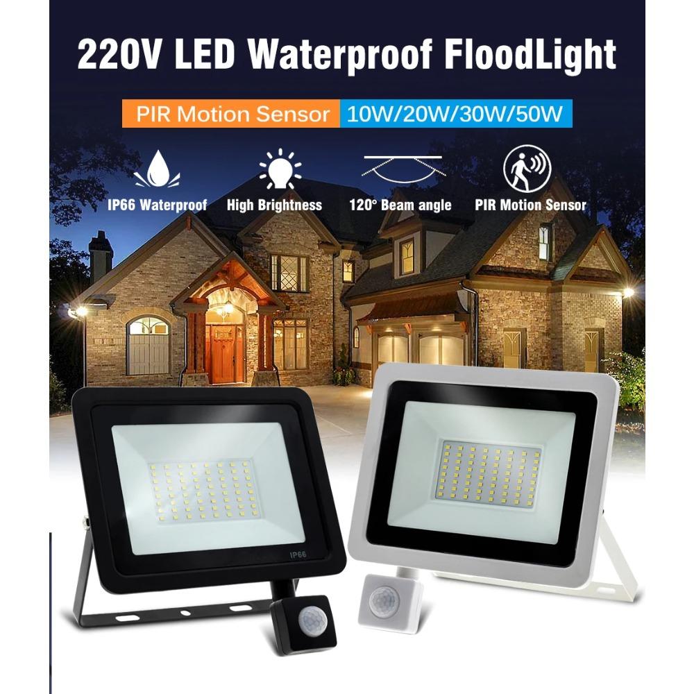 LED Floodlight PIR Motion Sensor White/Warm White IP66 AC220V Exterior Projector Spotlight SMD2835 Outdoor Lighting Floor Lamp