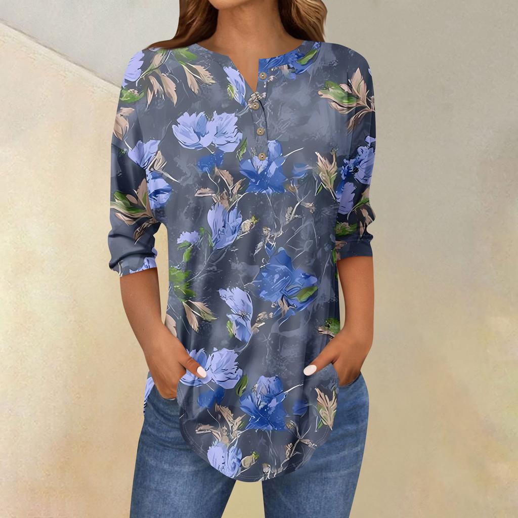 Tee Shirts For Women Fall Casual 3/4 Long Sleeve Button Shirts Sweatshirt Vintage  Top Pullover