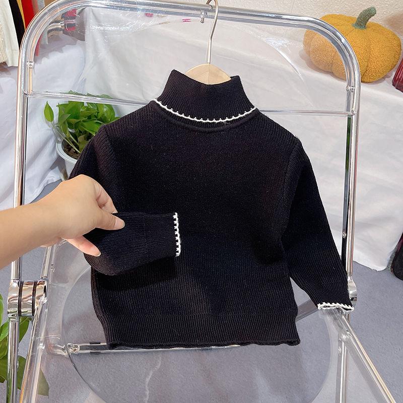 Girls' High Neck Sweater with Integrated Velvet Children's Pullover Top for Autumn and Winter Stylish Baby with Added Velvet Base Shirt