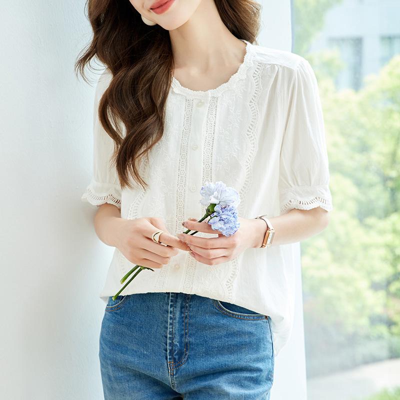 Lace Round Neck Short-sleeved Shirt Commuting Korean Style Loose Slim Cotton Summer Top for Women