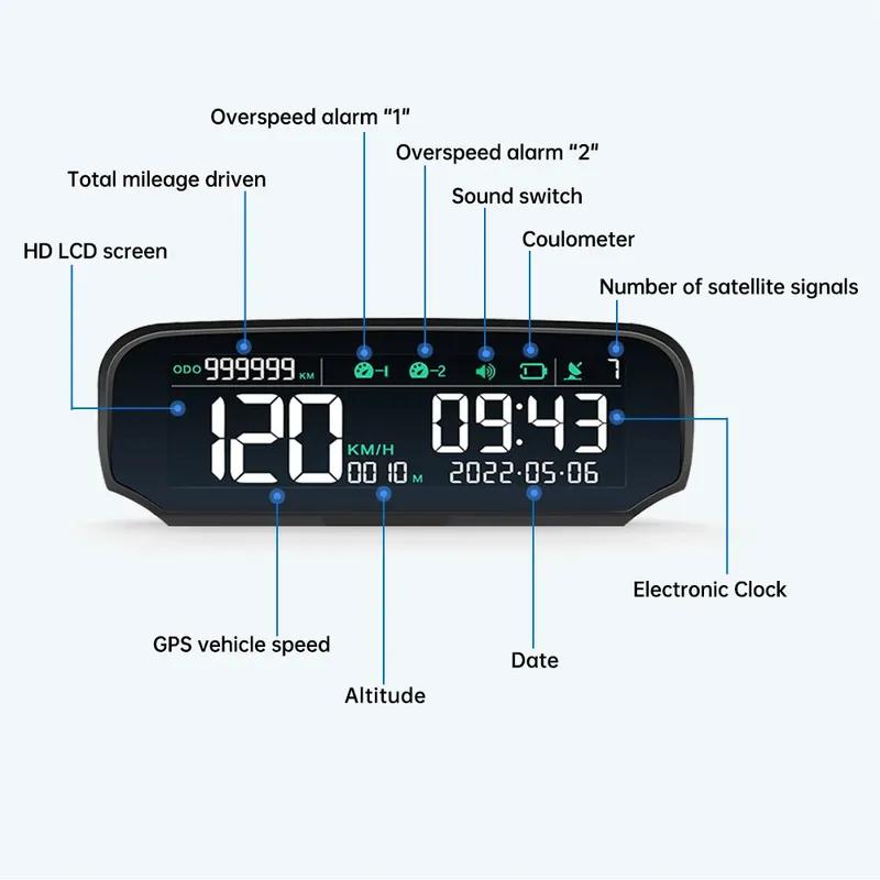 LCD GPS Speedometer X100 Odometer Altitude Gauge GPS HUD Multifunction Smart Car Head-Up Display for HUD Car Electronics Meter