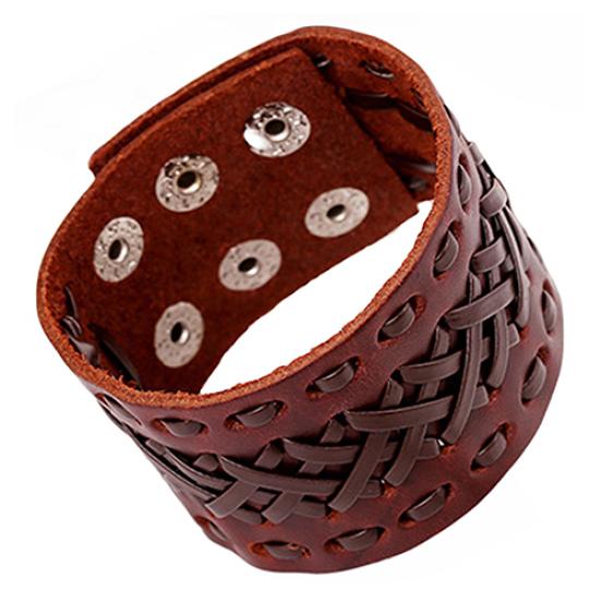 Men's Women's Punk Braid Faux Leather Wide Cuff Bracelet Button Wristband Bangle