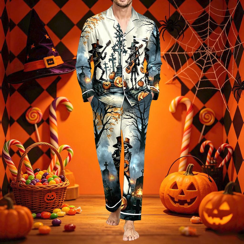 Men's Pajama Set with Long Sleeve Shirt and Pants, Loose Fit Halloween Print Sleepwear