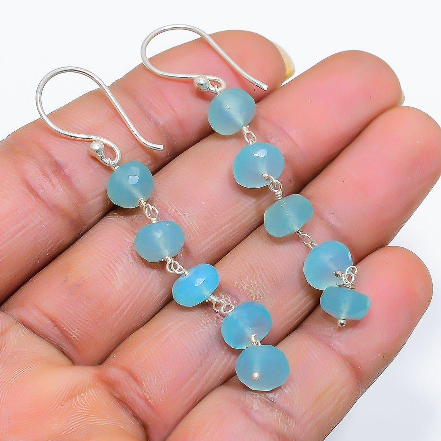 Blue Chalcedony Gemstone Handmade 925 Sterling Silver Jewelry Earring 2.44" GK-5187
