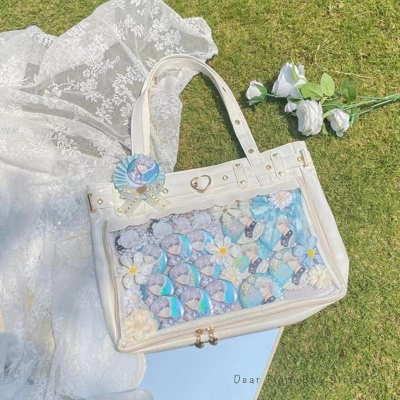 Women's Lolita Fashion Ita Bag Japanese Style Kawaii Shoulder Messenger Crossbody Bags Transparent Front Pocket DIY Tote Handbag