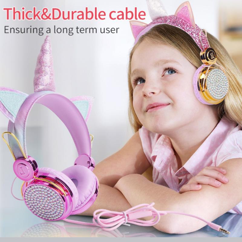 

Children s Cute Unicorn Cat Ear Wired Headphones with Microphone - Cartoon Design, In Stock