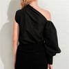 Women Fashion One-sleeve Loose and Thin Casual Slim Shirt Chic Solid Color Long-sleeved Asymmetrical Shirt
