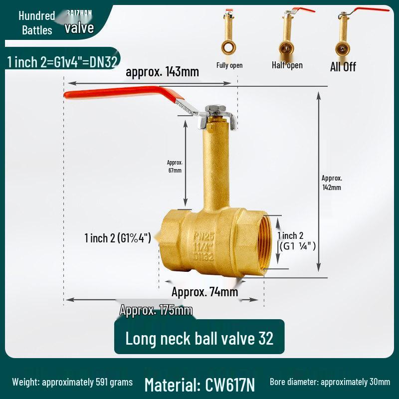 All-Copper High-Stem Straight-Through Ball Valve, 1 Inch, Double Internal Thread, 50 High Neck, Thickened Copper, Dn25.