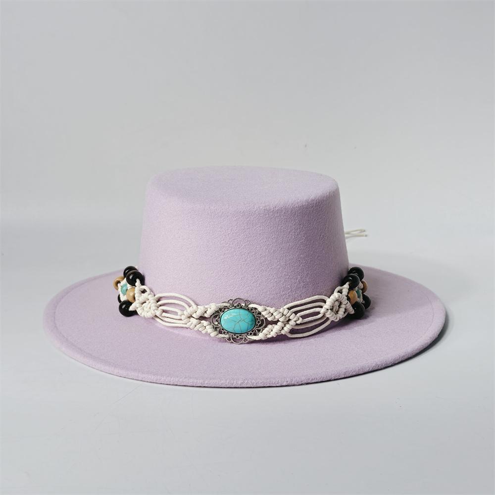 TurquoiseFedora Hat Women Men Autumn Winter Classic Felt Wide Brim Flat Top Jazz Panama Hat Casual Party Church Hat