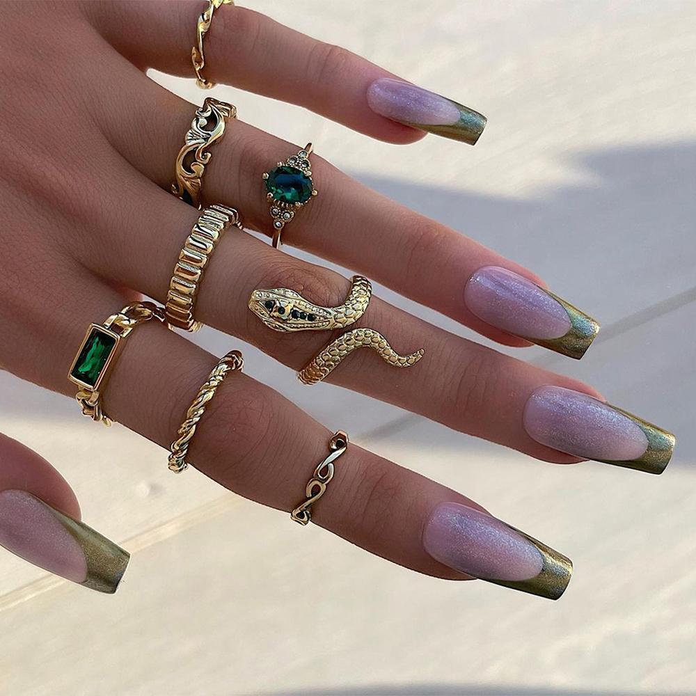 

8Pcs/Set Style Vintage Faux Gemstone Snake Twist Ring For Women Retro Ocean Wave Geometric Setting Rhinestone Ring Set