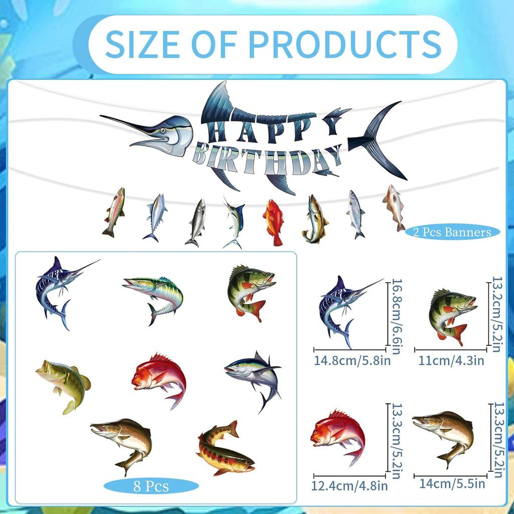 Fishing Birthday Party Decorations - 10PCS Fishing Themed Banners with Hanging Swirls Happy Bday Decoration for Fish Lovers Fisherman