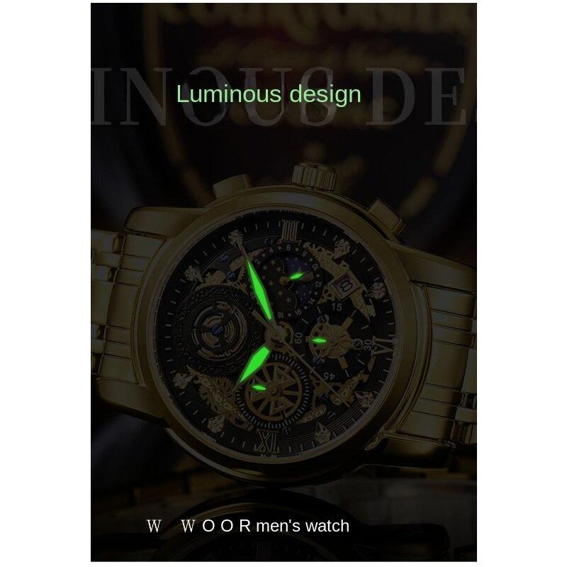 WWOOR Skeleton Watch Trendy Business Men's Watches Waterproof Fashion Quartz Men's Watches