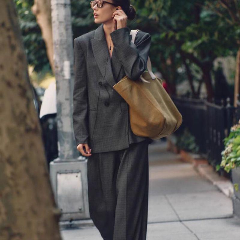 Spring New Arrival Women's Pleated Wide Leg Pants 9109591 with Padded Shoulder Double Breasted Suit Outwear 9115591