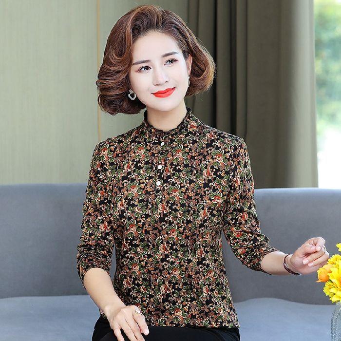 Spring Autumn Long Sleeve T-shirt for Women New Middle-aged Mom Top Printed Half-Trunk Collar Floral Base Shirt