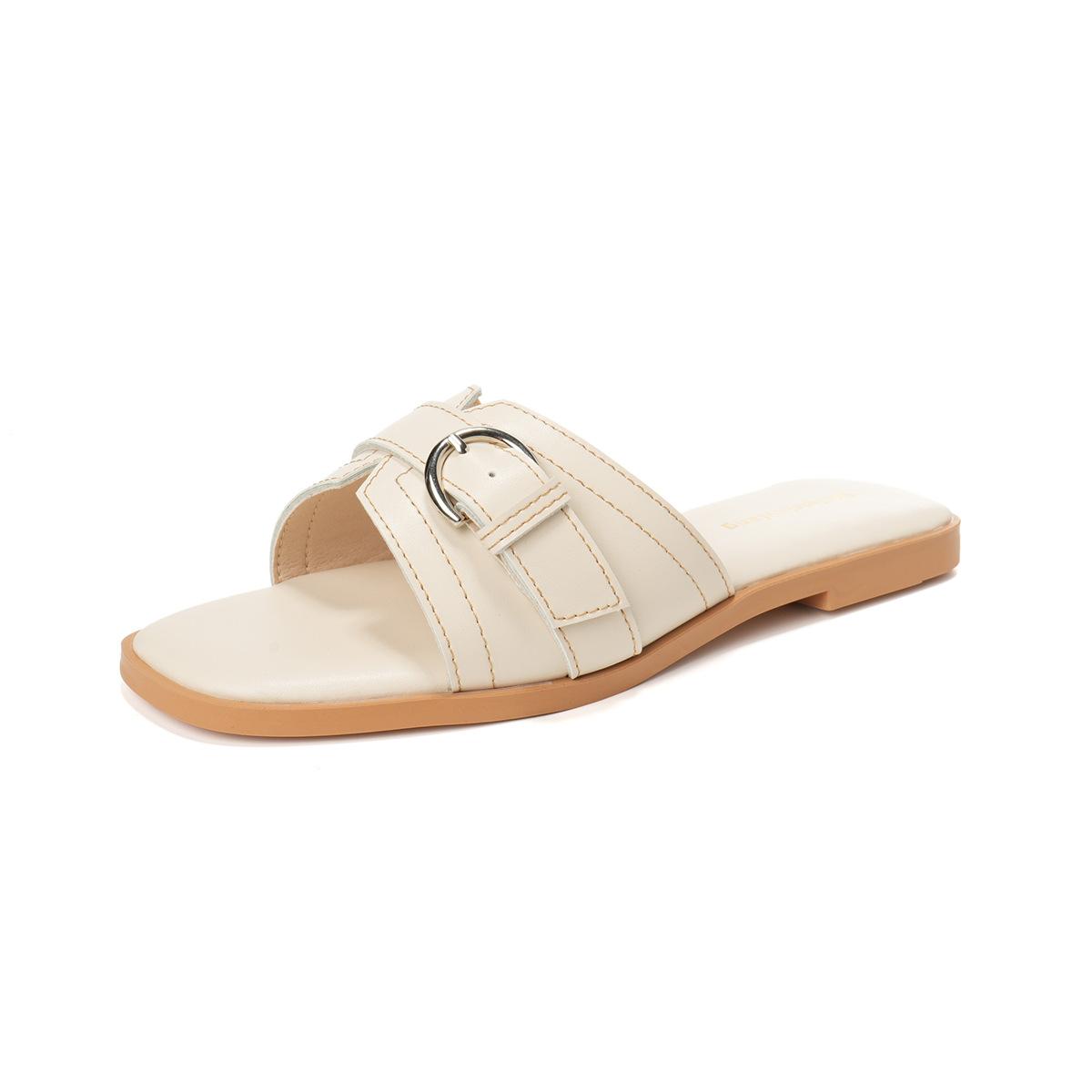 

Niche retro oblique square head open line belt buckle low heel cool slippers summer women 35 абрикосовый