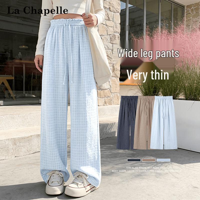 La Chapelle Women's Ruffle Trim Plaid Wide-Leg Pants