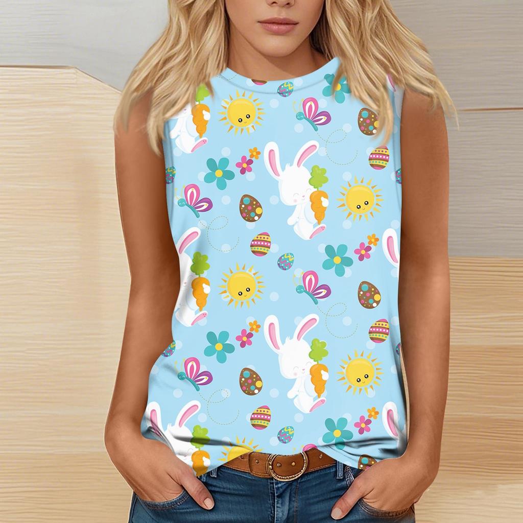 Women's Fashion Casual Easter Printed Round Neck Sleeveless T-Shirt Tops
