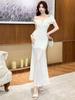 Summer New Mesh Pleated Meat Cover Thin Banquet Style Hip Skirt Pure Slim-fitting High-waisted V-neck Dress