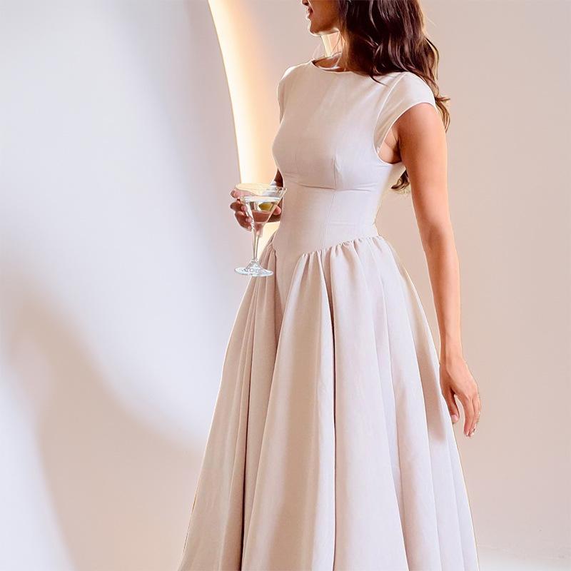 Weißes rückenfreies A-Linien-Maxikleid für Damen, Abendkleid, einfarbig, ausgeschnitten, ärmellos, hohe Taille, Club-Plisseekleid, elegant