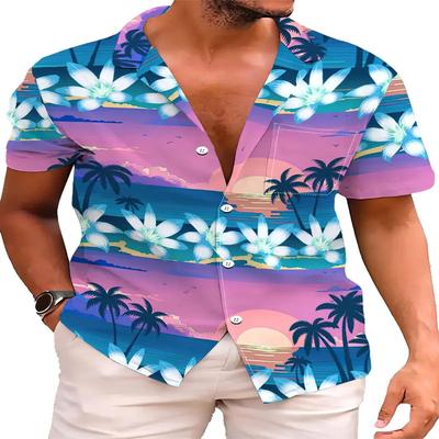 Summer Men's Casual Short Sleeved Button Up Shirt with Sunset and Flower 3D Digital Printing Pattern Suitable for Summer Beach