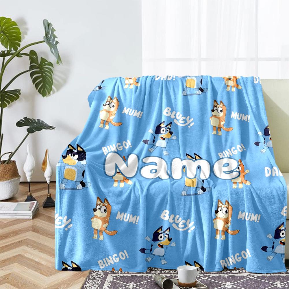 Custom Name Bluey Theme Printed Blanket - Perfect for Couch, Bed, Travel & Outdoor Use | Machine Washable, Cozy & Durable.