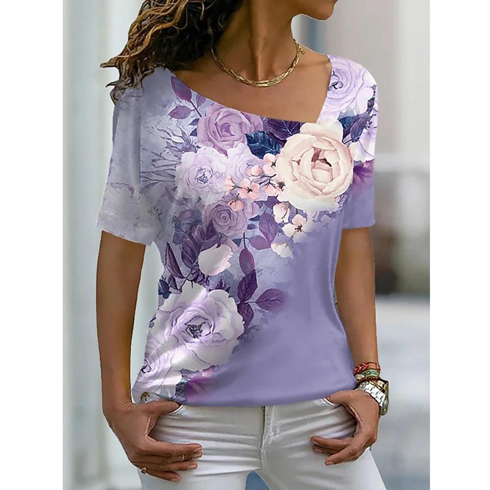 Women's 3D Flower Pattern T-shirt Irregular V-neck Design Y2k Fashion Trend Summer Short Sleeve Sexy Neckline Tshirts 2023