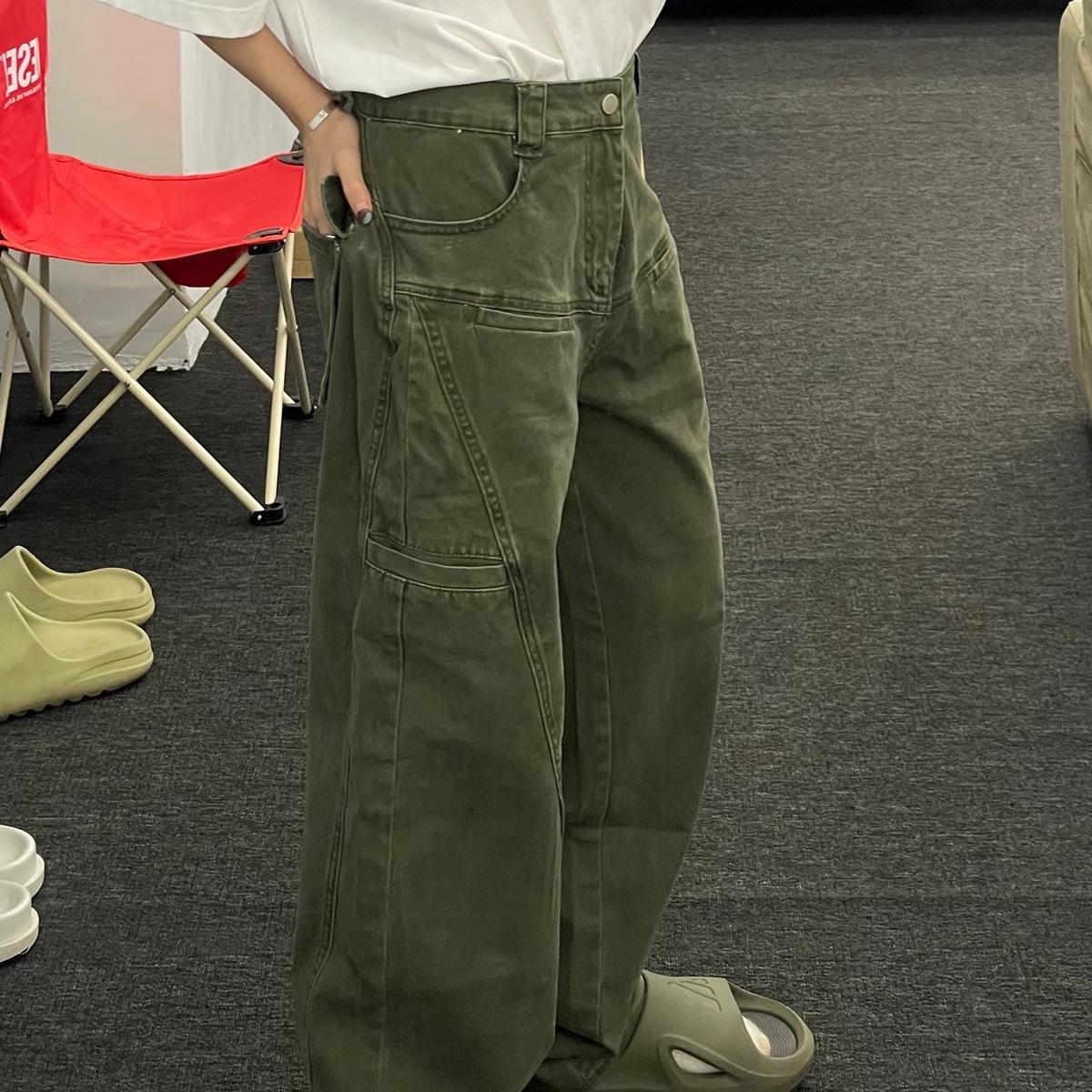 

Men s American Retro Distressed Cargo Pants with Multi-Pockets - Loose Wide-Leg Trousers for Autumn and Winter. M зелений