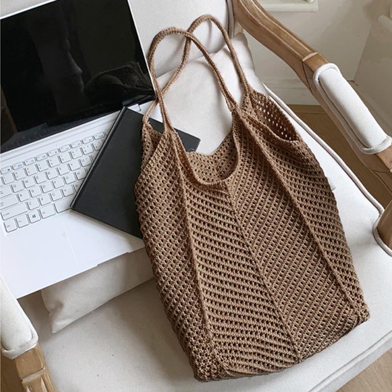 

Yogodlns Summer Beach Woven Crochet Tote Bag For Women Hollow-out Lightweight Large Capacity Shopper Shoulder Bag Female 38x2x29cm хаки