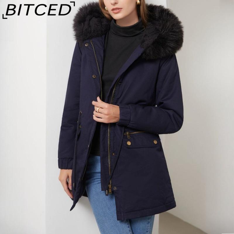 BITCED Fall/Winter Puffer Jacket for Women with Fleece Lining, Fur Collar, Hooded Warm Coat, Loose-Fit Cotton Jacket