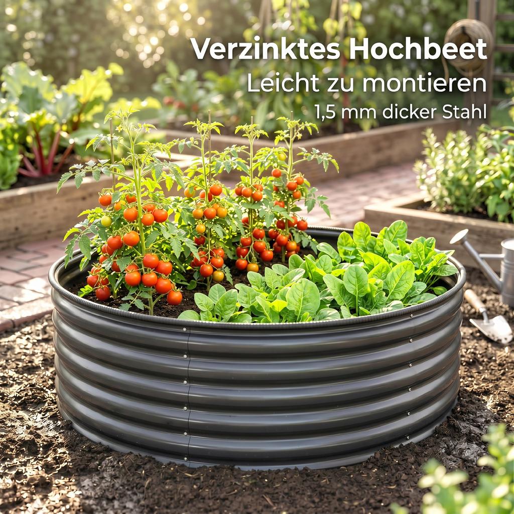 Galvanised Raised Garden Bed with Safety Edging, Outdoor Raised Planter Box with Gloves, 120 x 120 x 43cm, Dark Grey