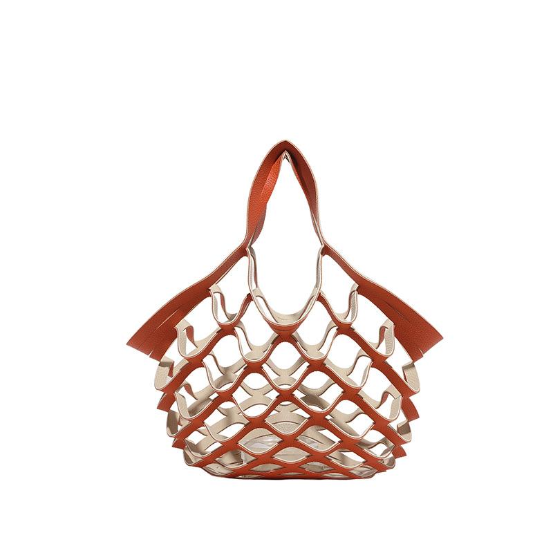

Portable Mesh Beach Bag for Women Lightweight Casual Hollow Out Solid Color Tote Bag Simple Collapsible with Open Top Handbags оранжевый