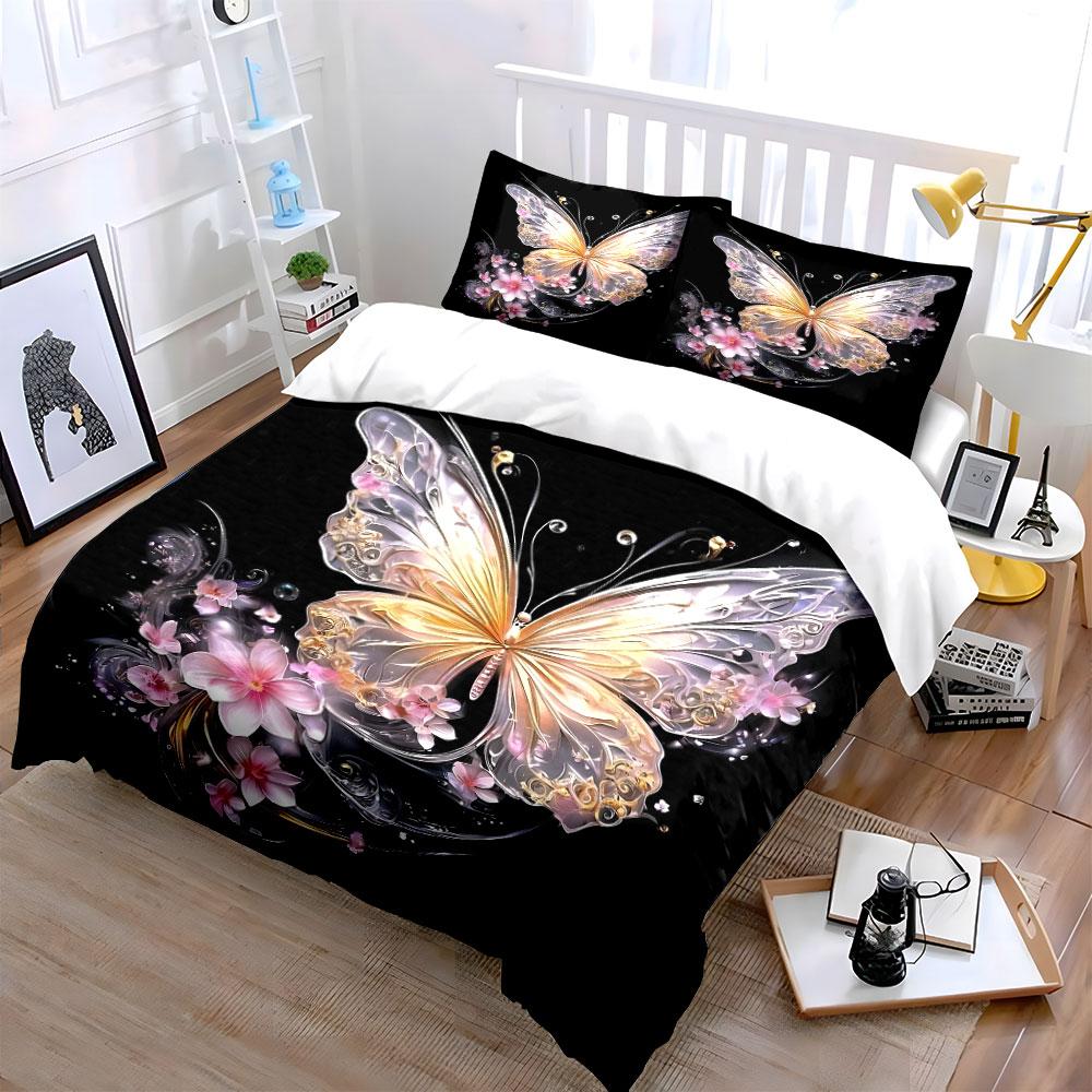 Sparkling Butterfly With Pink Flowers Duvet Cover Set With 3D Printing Design Soft Polyester Bedding Set All-Season Comfort