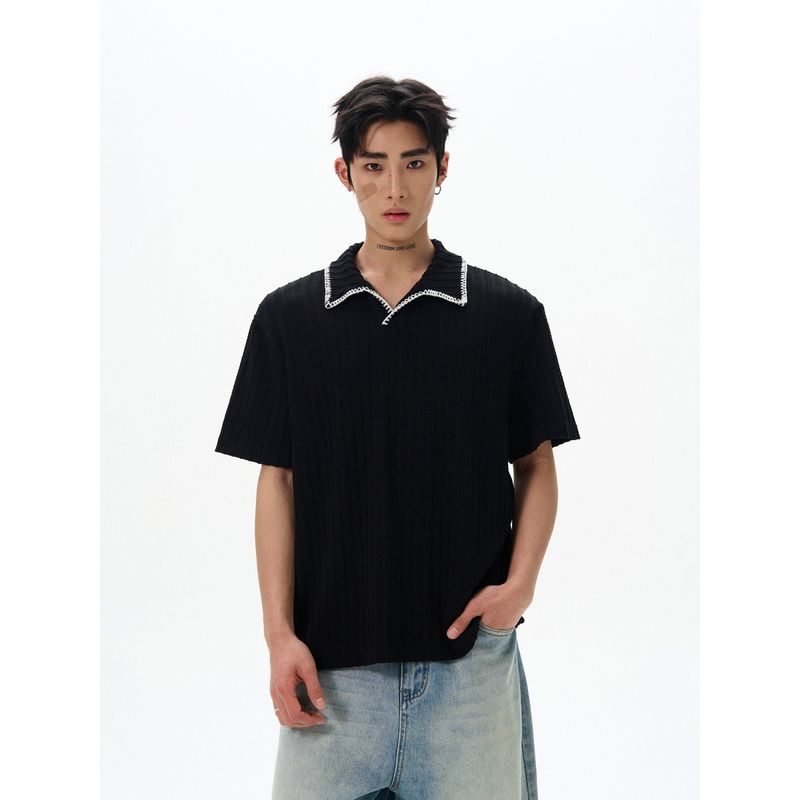 Kisko Simple High Sense of Knowledge Hand Sewing Patchwork Polo Lapel Short Sleeve T-shirt Men and Women Cleanfit Texture Top