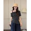Korean Striped Suspender Slanted Shoulder Short-sleeved T-shirt for Women's Summer Sexy Waist Pinching Irregular Slim Slim Slim Hot Girl Top