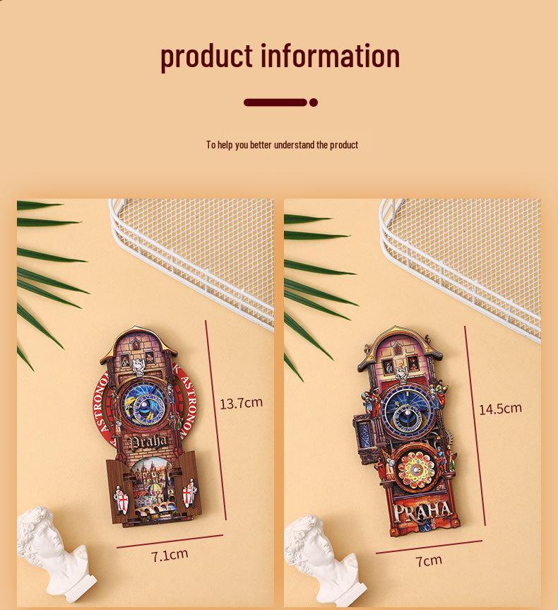 Prague Astronomical Clock 3D Wooden Magnet with Rotating Gears - Czech Travel Souvenir