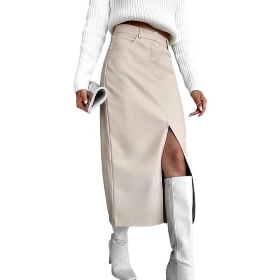 Autumn Winter Vintage Fleece-Lined PU Leather Skirt with Slit Design Women's Half Skirt