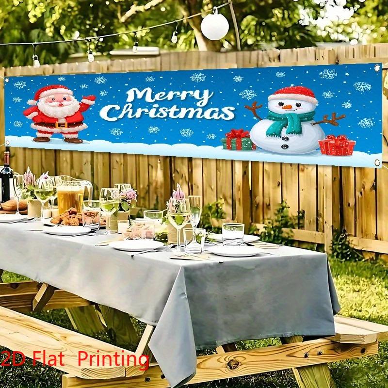 Merry Christmas Fence Banner, Santa & Snowman Snowflake Theme, Polyester Outdoor Lawn Wall Party Decoration