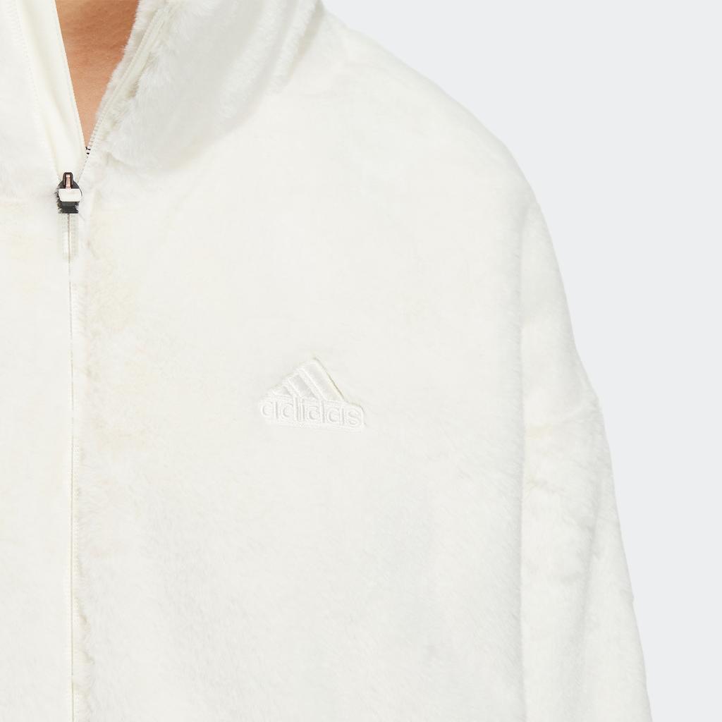 Adidas Met Fur Jacket With Embroidered Logo On The Back, Zippered Stand-Up Collar Women Outerwear White HM7102