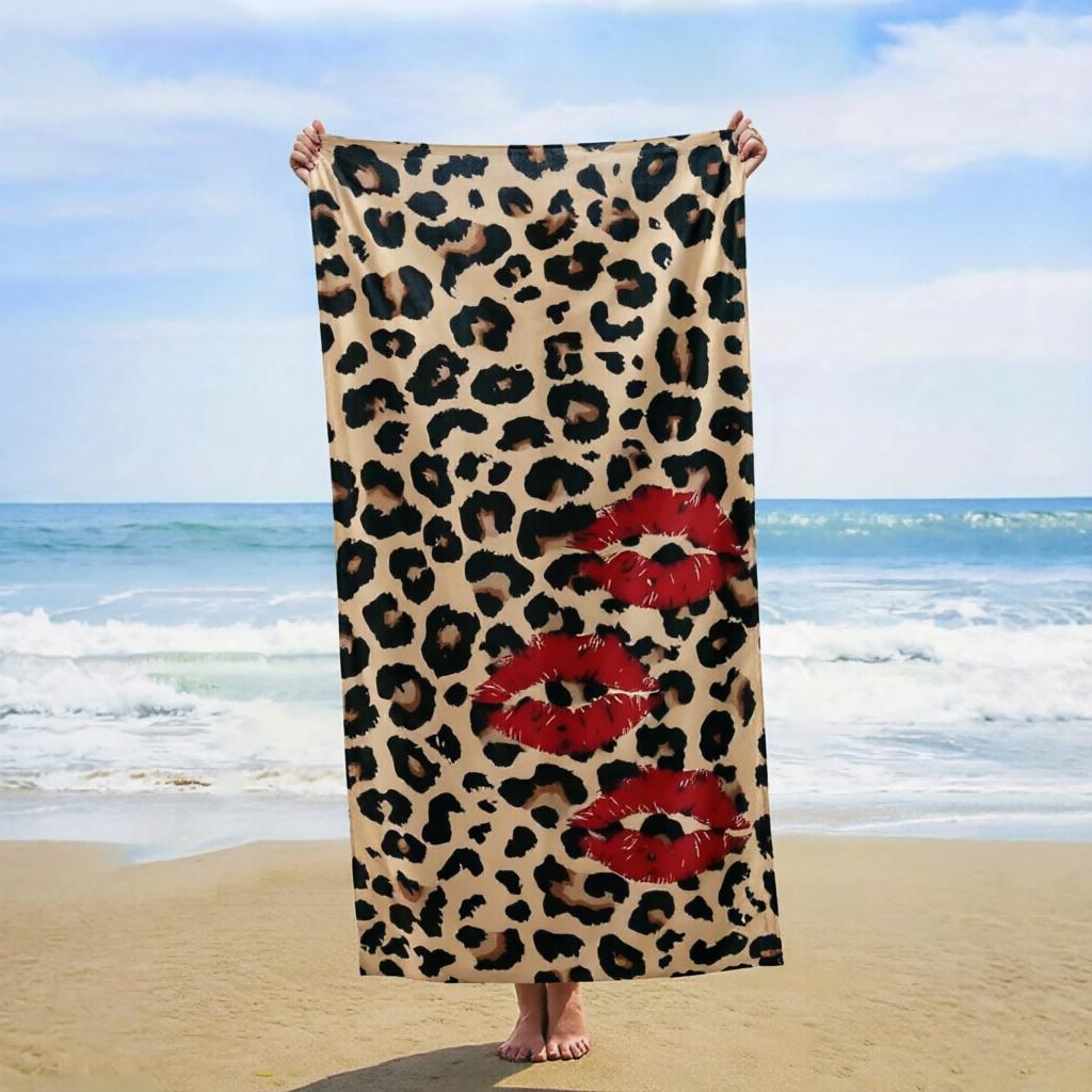 1PC Oversized Leopard Print Red Lips Beach Towel, Sand-Free Quick-Dry Soft Absorbent, Portable for Beach, Pool, Travel, Yoga