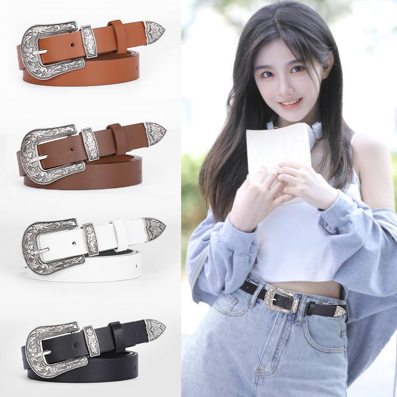 Casual Belt - Versatile Decorative Belt with Unique Engraved Antique Silver Buckle - Three-piece Set for Flat Waistbands