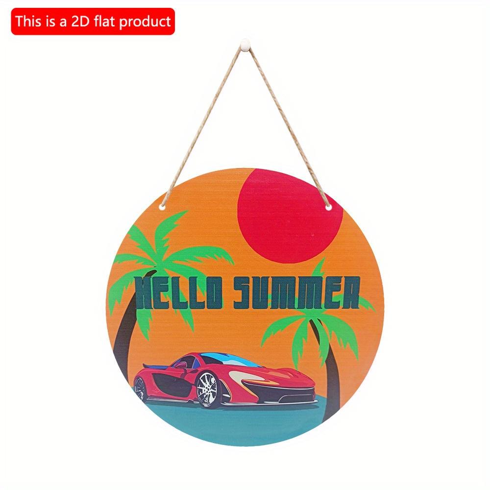 2D plochá 20*20cm 1ks Nostalgická plážový západ slunce&scenérie Kokosového ostrova Kulatá dekorativní plaketa, Vzor červeného sportovního auta Pro plážové město&Resortový hotel k zavěšení