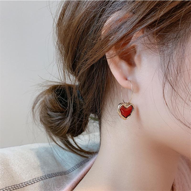 2024 Trendy Wine Red Heart Earrings - Elegant & Stylish Celebrity-Inspired Ear Jewelry from South Korea