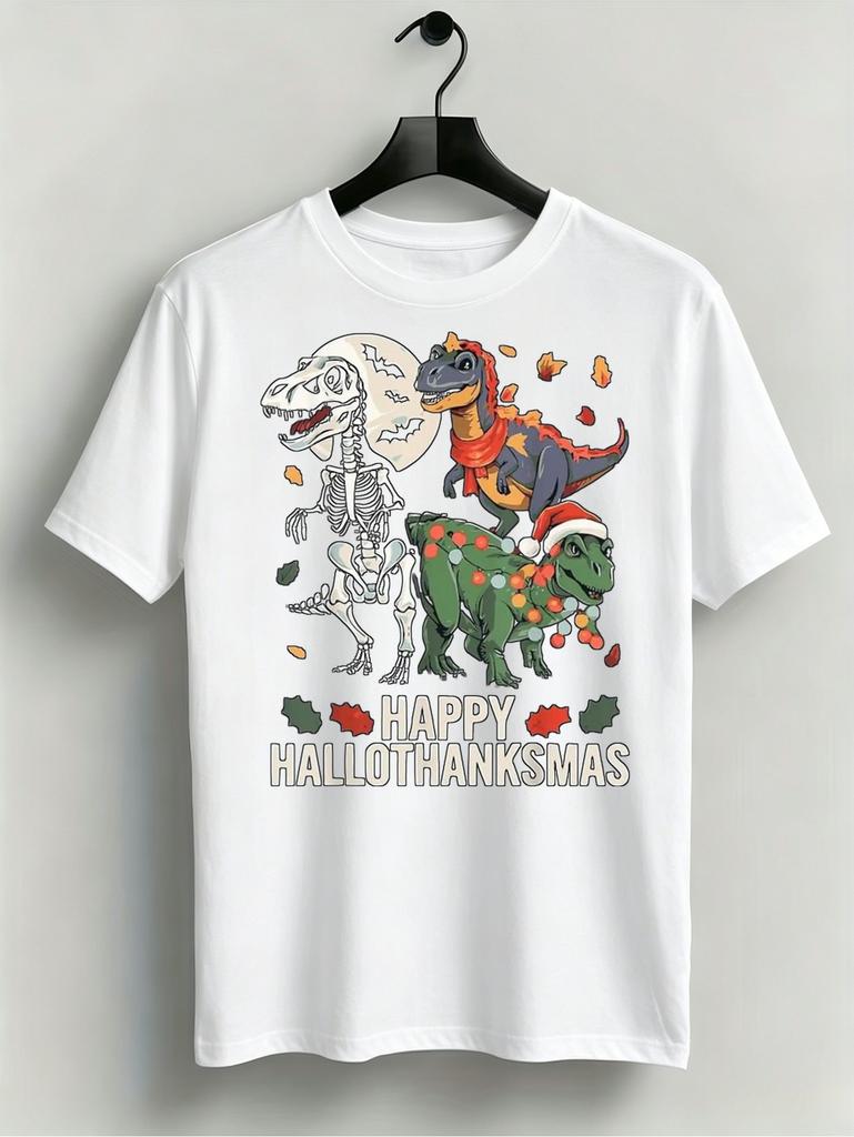 1pc Mens Graphic T Shirt Happy Hallothanksmas Dinosaur Skeleton Christmas Lights Santa Hat Print Short Sleeve Crew Neck